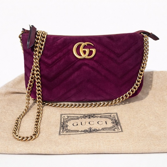 Gucci Handbags - Gucci GG Marmont Burgundy Velvet Small Crossbody Shoulder Bag